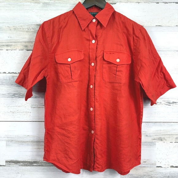 LAUREN RALPH LAUREN Womens Red Orange Linen Short Sleeve Button Up Shirt Size M - Picture 1 of 9
